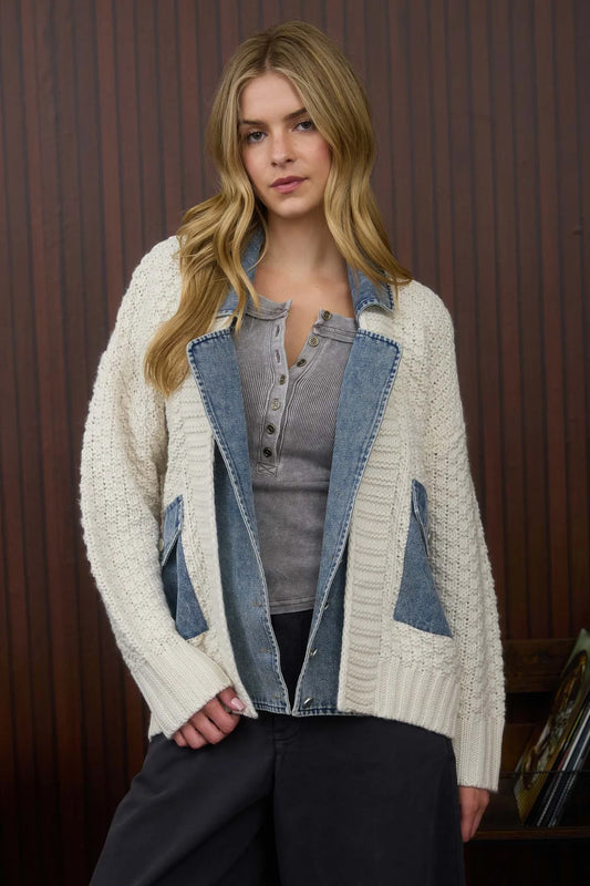 Mixed Media Cable Knit Denim Trim Jacket