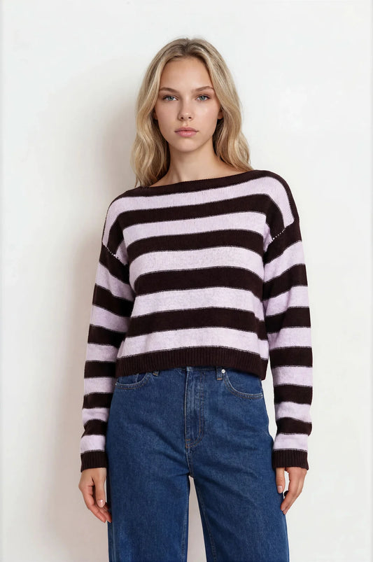 Stripe Exposed Seam Long Sleeve Cropped Sweater