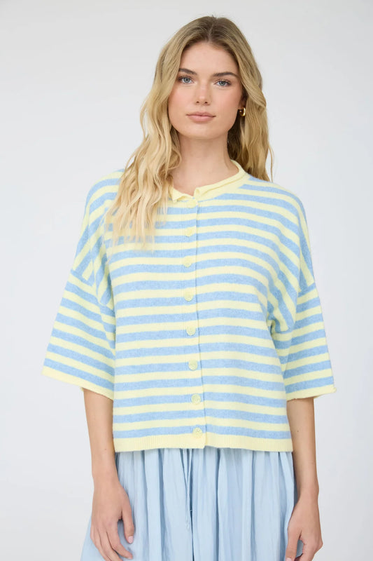Stripe Raw Edge Button Down Sweater