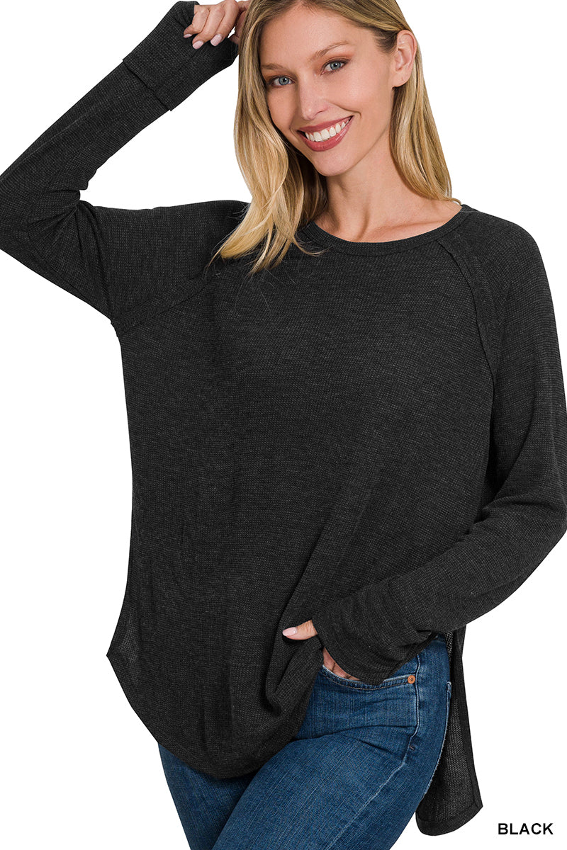 Zenana Baby Waffle Long Sleeve Slit Top