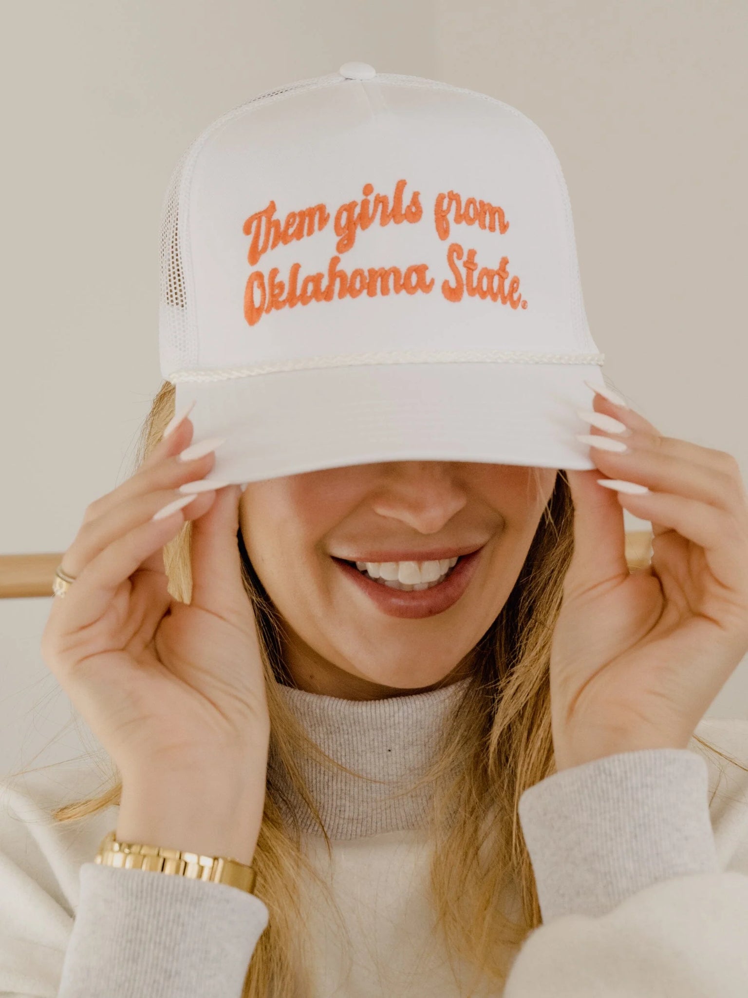 Them Girls from Oklahoma State Script White Trucker Hat by LivyLu