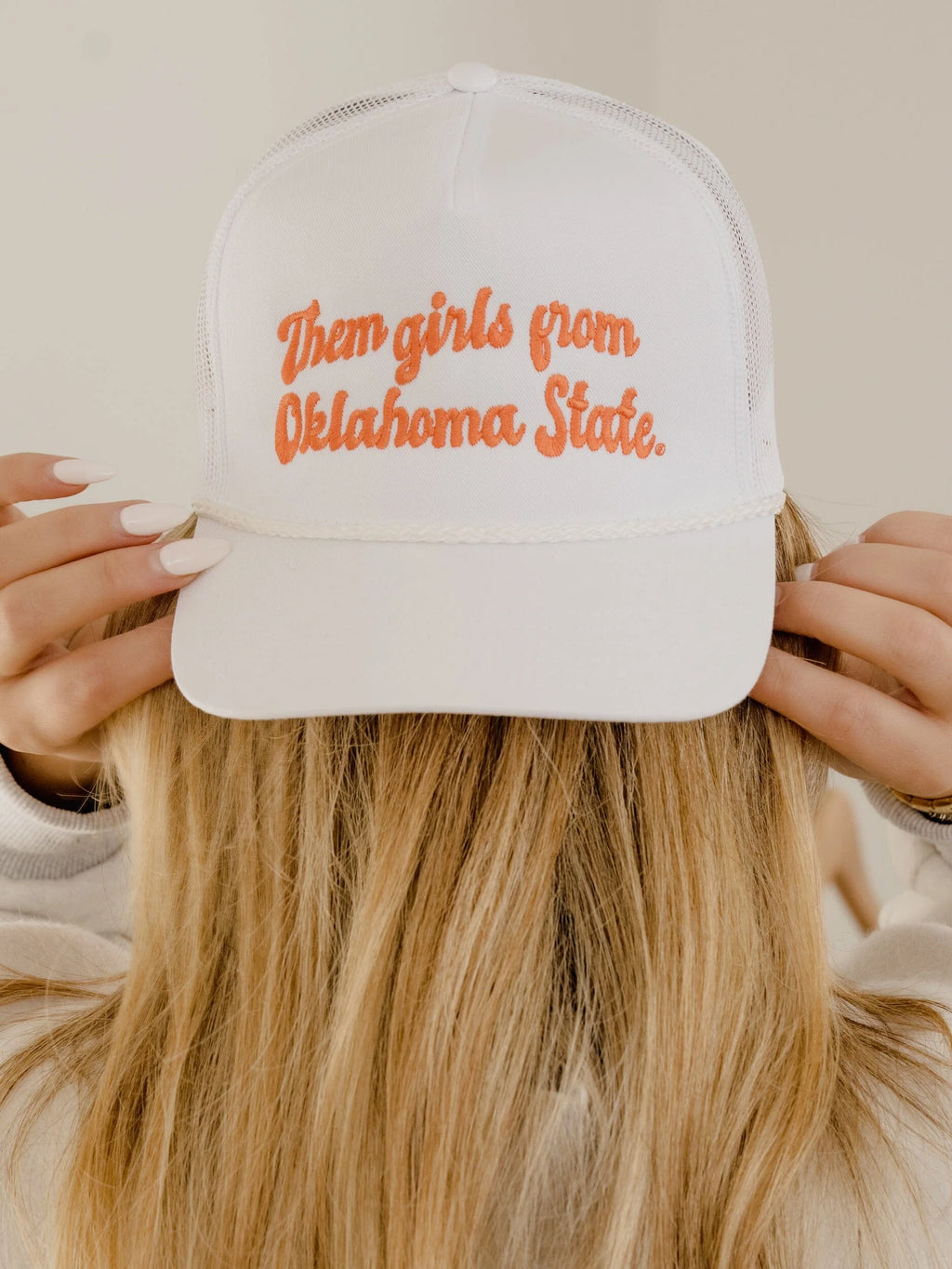 Them Girls from Oklahoma State Script White Trucker Hat by LivyLu
