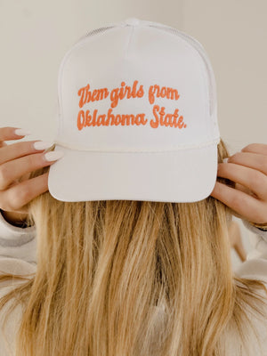 Them Girls from Oklahoma State Script White Trucker Hat by LivyLu