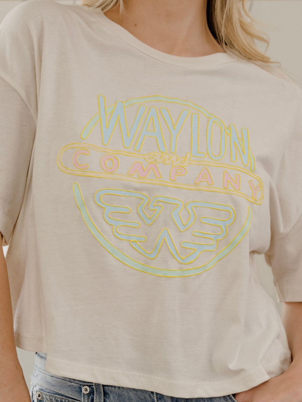 Waylon Jennings Logo Puff Ink Off White Cropped Graphic Tee