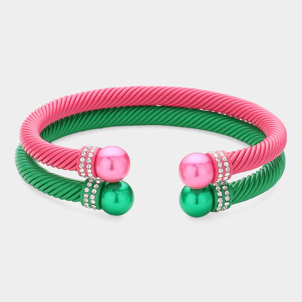 Stone Paved Pearl Pointed Tip Double Cuff Bracelets