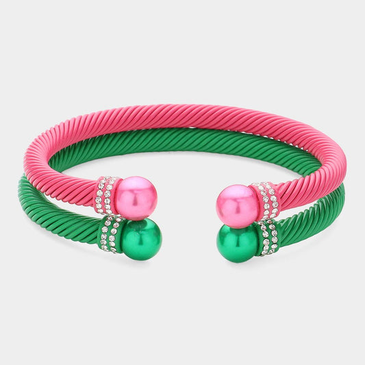 Stone Paved Pearl Pointed Tip Double Cuff Bracelets