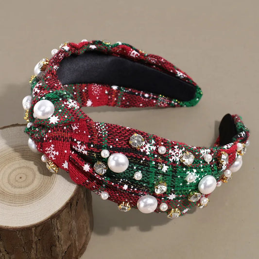 Christmas Plaid & Pearls Headband