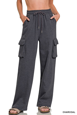 Zenana Fleece Cargo Fleece Wide Leg Sweatpants