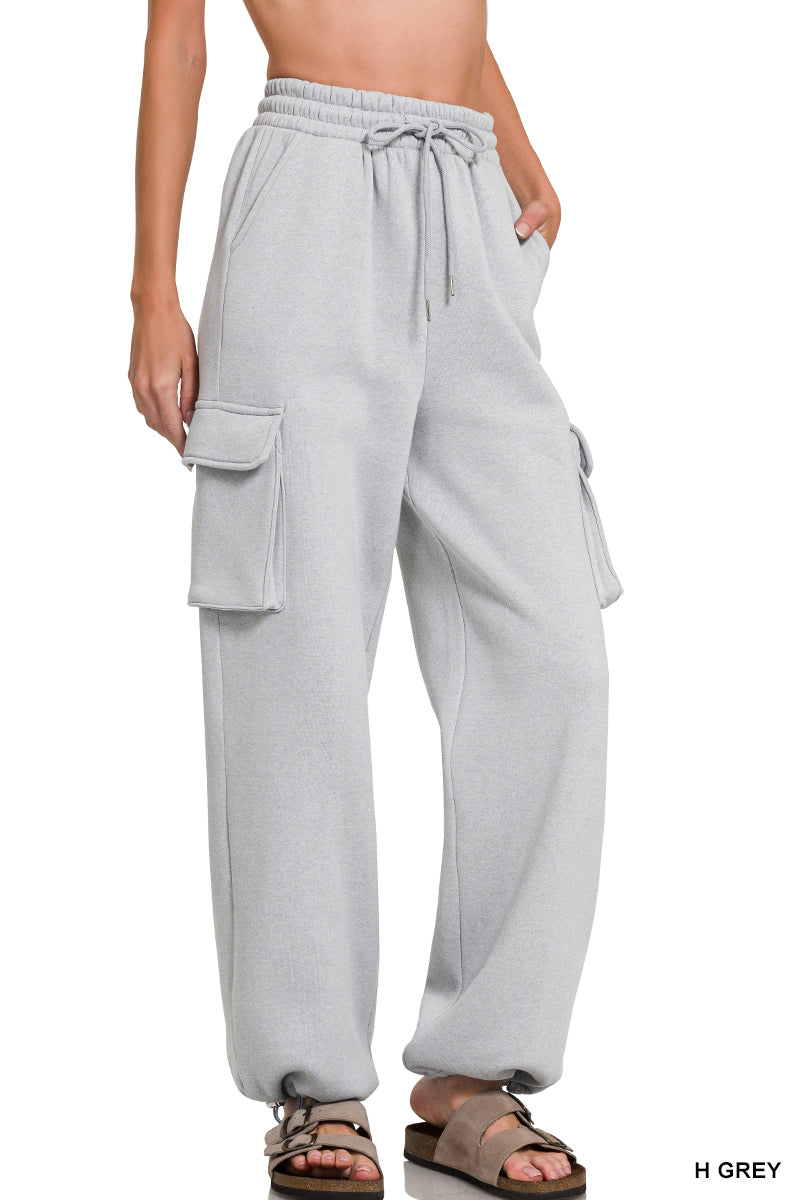 Zenana Fleece Cargo Fleece Wide Leg Sweatpants