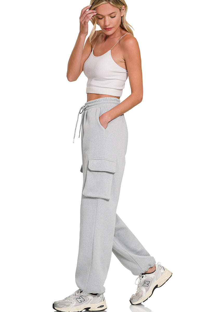 Zenana Fleece Cargo Fleece Wide Leg Sweatpants