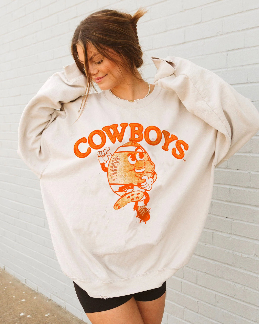 LivyLu OSU Cowboys Football Run Sand Thrifted Graphic Sweatshirt
