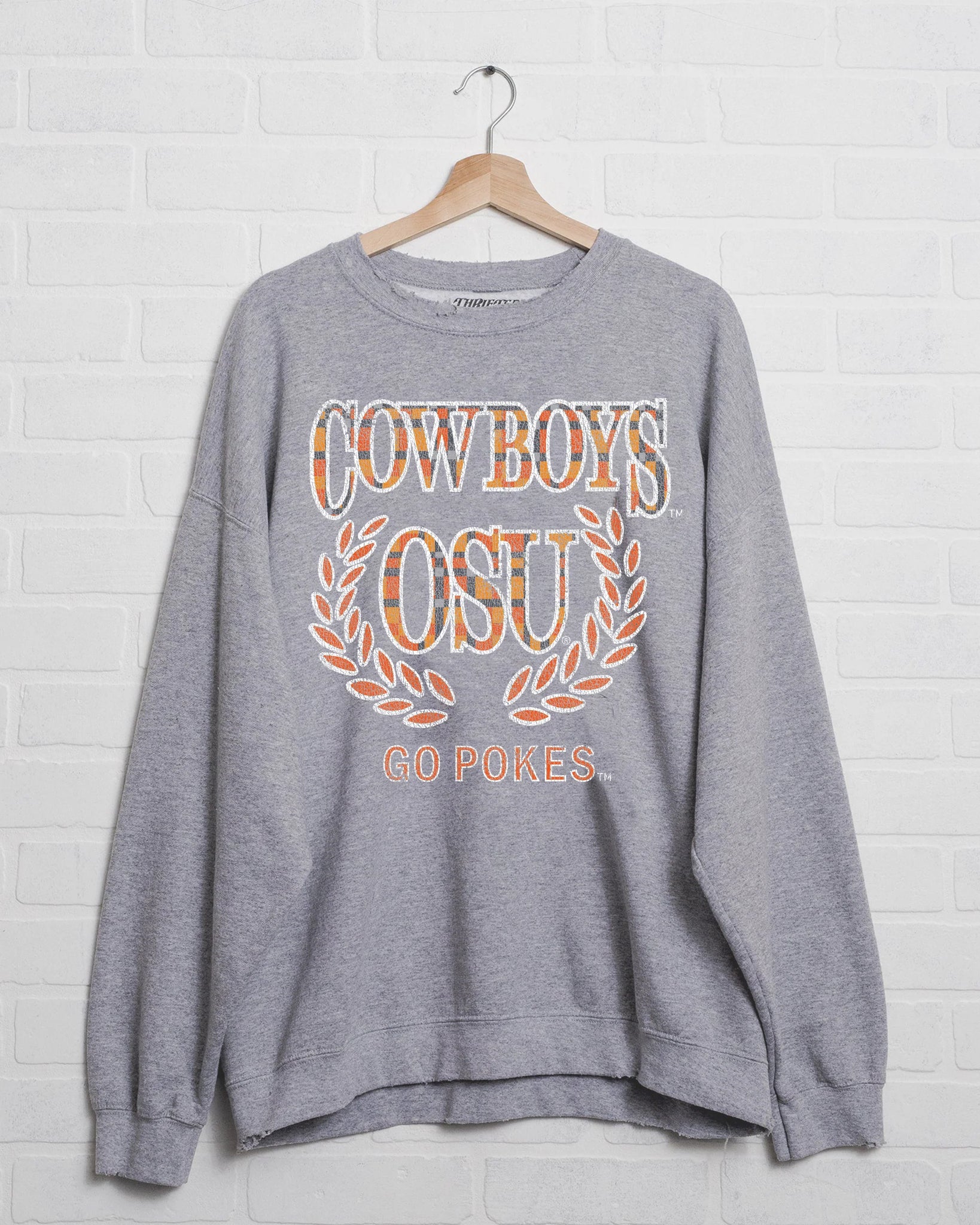 OSU Cowboys Plaid Crest Thrifted Gray Graphic Sweatshirt by LivyLu