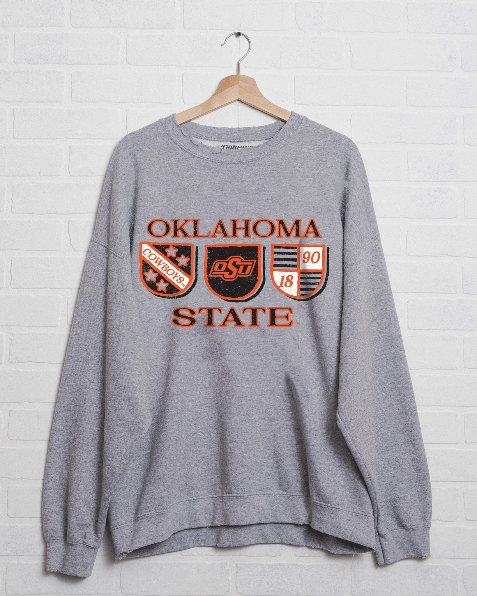 LivyLu OSU Cowboys Shield Row Gray Thrifted Graphic Sweatshirt