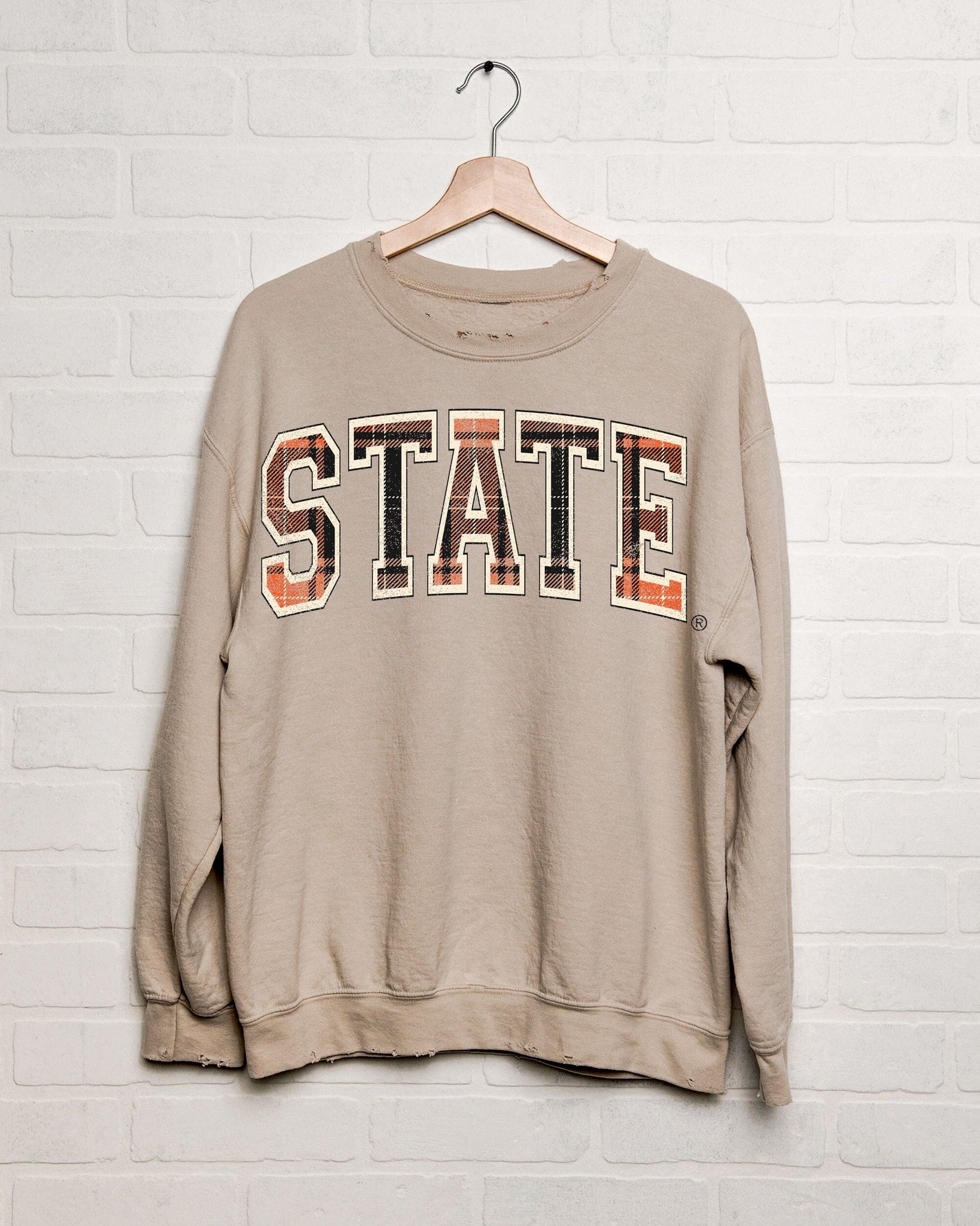 LivyLu OSU Cowboys Tartan Sand Thrifted Graphic Sweatshirt