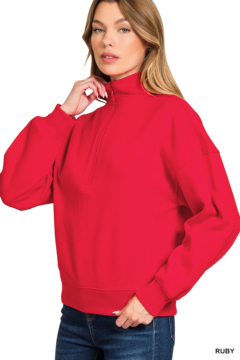 Zenana Fleece High Neck Half Zip Sweatshirt Top
