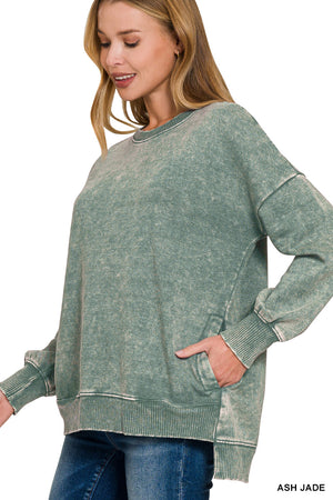 Zenana Acid Wash Fleece Hi-Low Hem Pullover Top