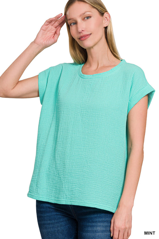 Double Gauze Round Neck Folded Short Sleeve Top