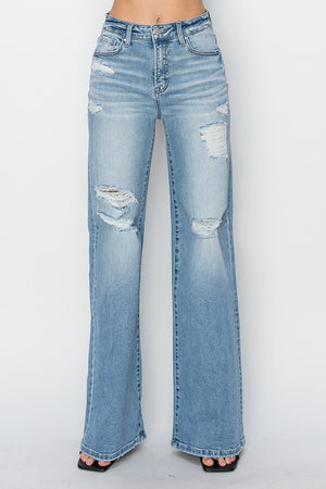 **Coming Soon**High Rise Wide Heavy Distressed Denim