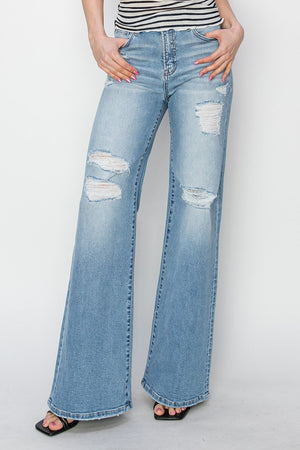 **Coming Soon**High Rise Wide Heavy Distressed Denim