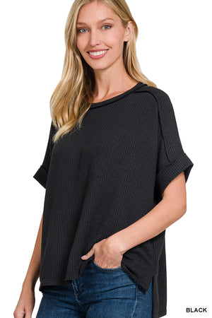 Corded Rib Cuff Sleeve Raw Edge Top