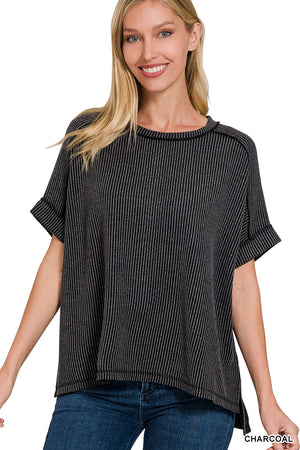 Corded Rib Cuff Sleeve Raw Edge Top