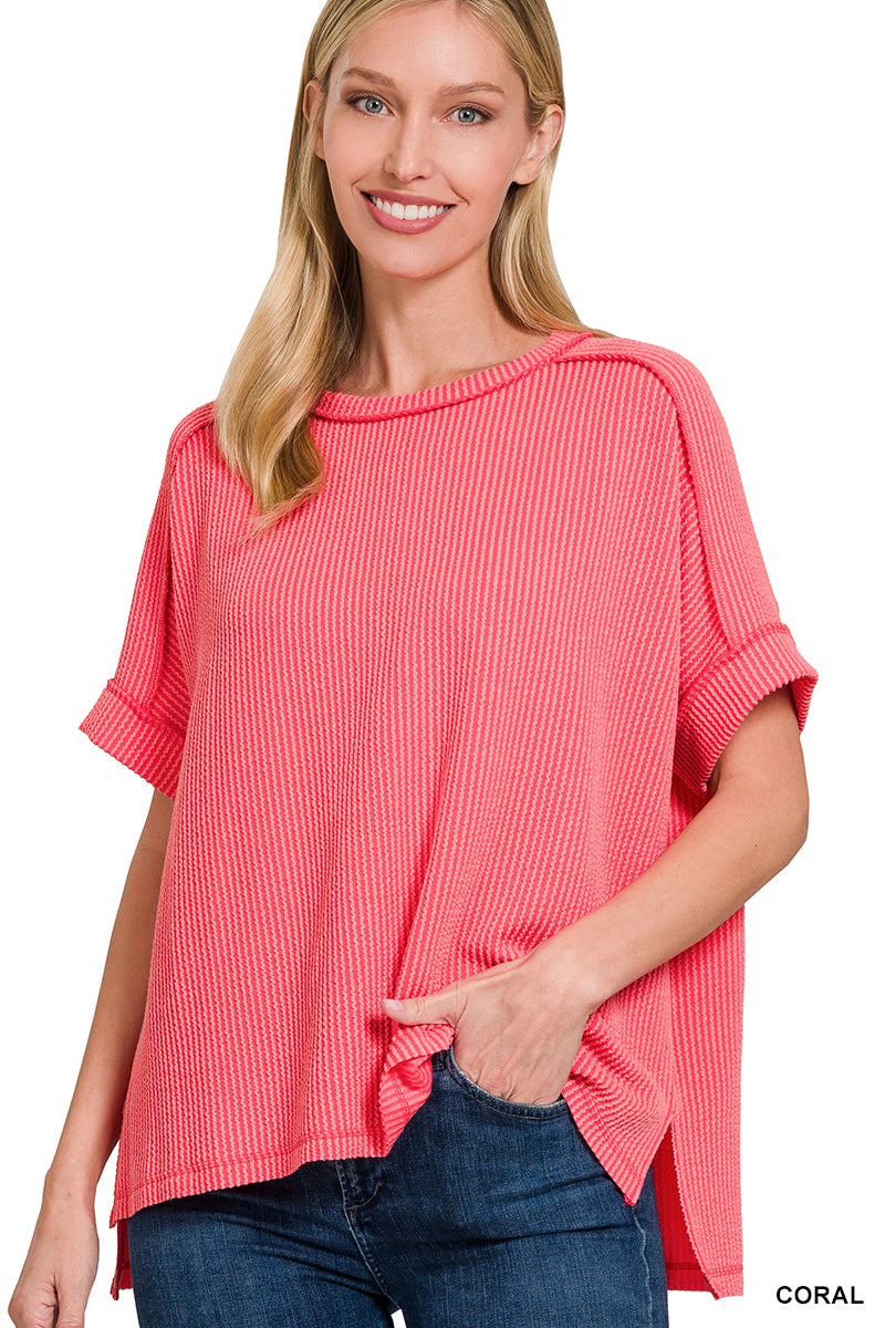 Zenana Corded Rib Cuff Sleeve Raw Edge Top