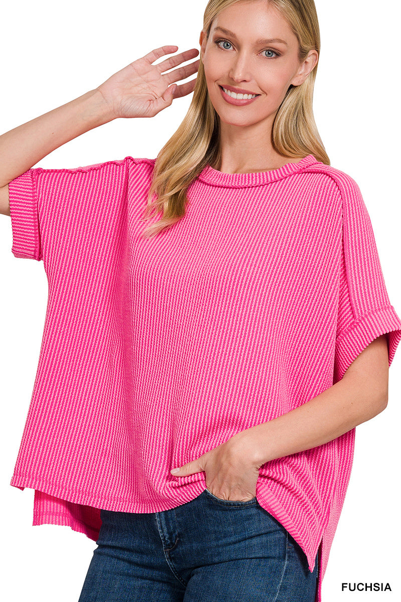 Zenana Corded Rib Cuff Sleeve Raw Edge Top