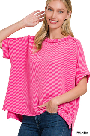 Zenana Corded Rib Cuff Sleeve Raw Edge Top