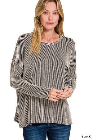 Zenana Striped Ribbed Oversized Long Sleeve Top