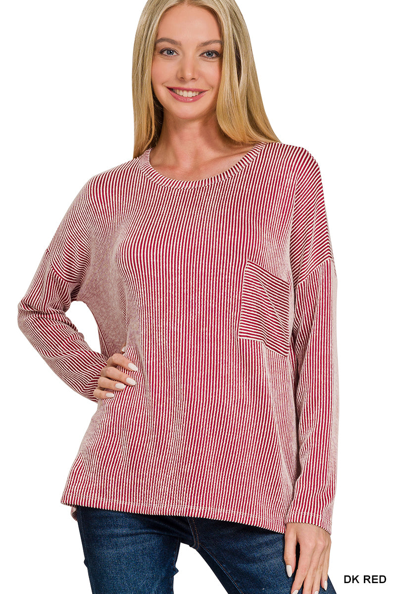 Zenana Striped Ribbed Oversized Long Sleeve Top