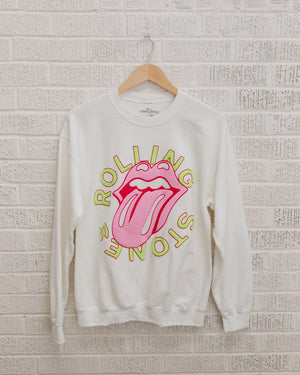LivyLu Rolling Stones Neon Puff Thrifted Classic Lick White