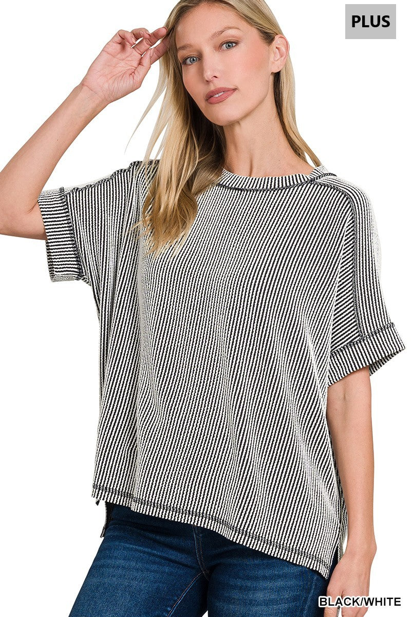 Zenana Plus Corded Rib Cuff Sleeve Raw Edge Top