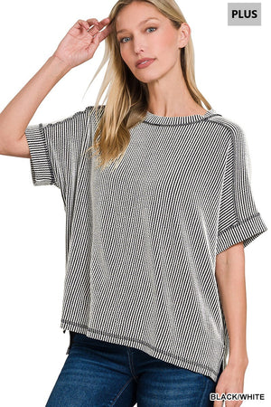 Zenana Plus Corded Rib Cuff Sleeve Raw Edge Top