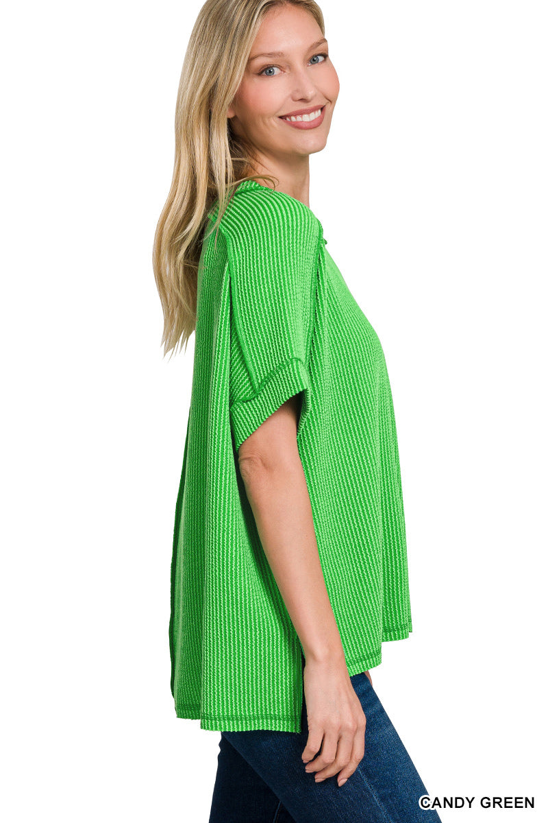 Zenana Corded Rib Cuff Sleeve Raw Edge Top