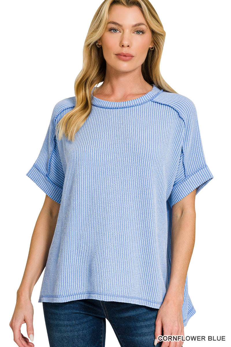 Zenana Corded Rib Cuff Sleeve Raw Edge Top