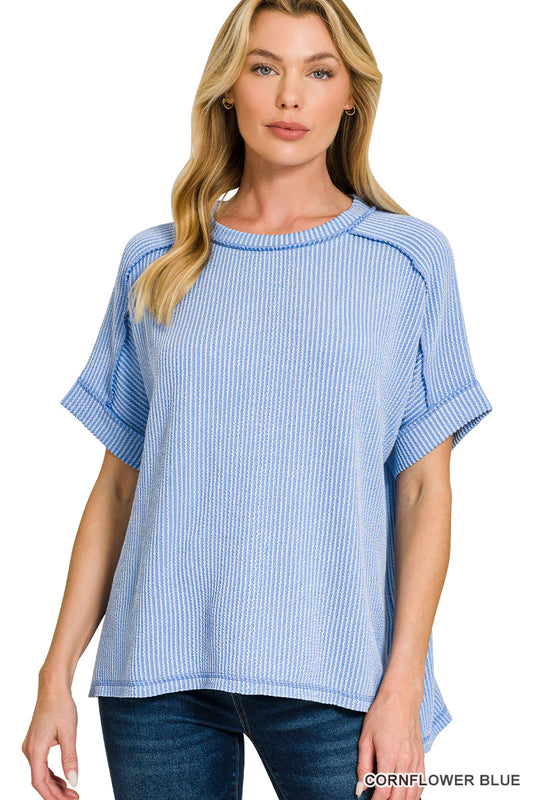 Zenana Corded Rib Cuff Sleeve Raw Edge Top