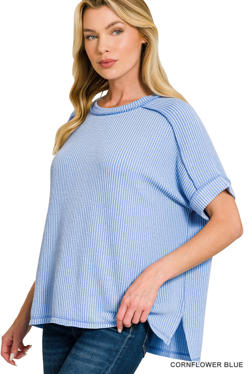 Zenana Corded Rib Cuff Sleeve Raw Edge Top