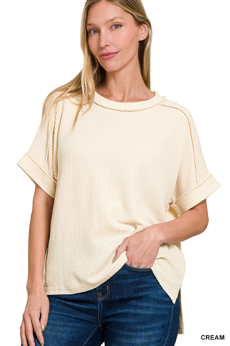 Zenana Corded Rib Cuff Sleeve Raw Edge Top