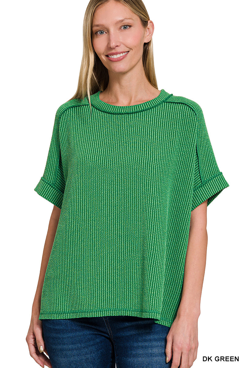 Zenana Corded Rib Cuff Sleeve Raw Edge Top