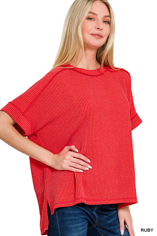 Zenana Corded Rib Cuff Sleeve Raw Edge Top