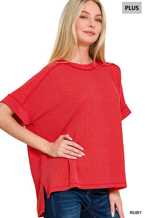 Zenana Plus Corded Rib Cuff Sleeve Raw Edge Top
