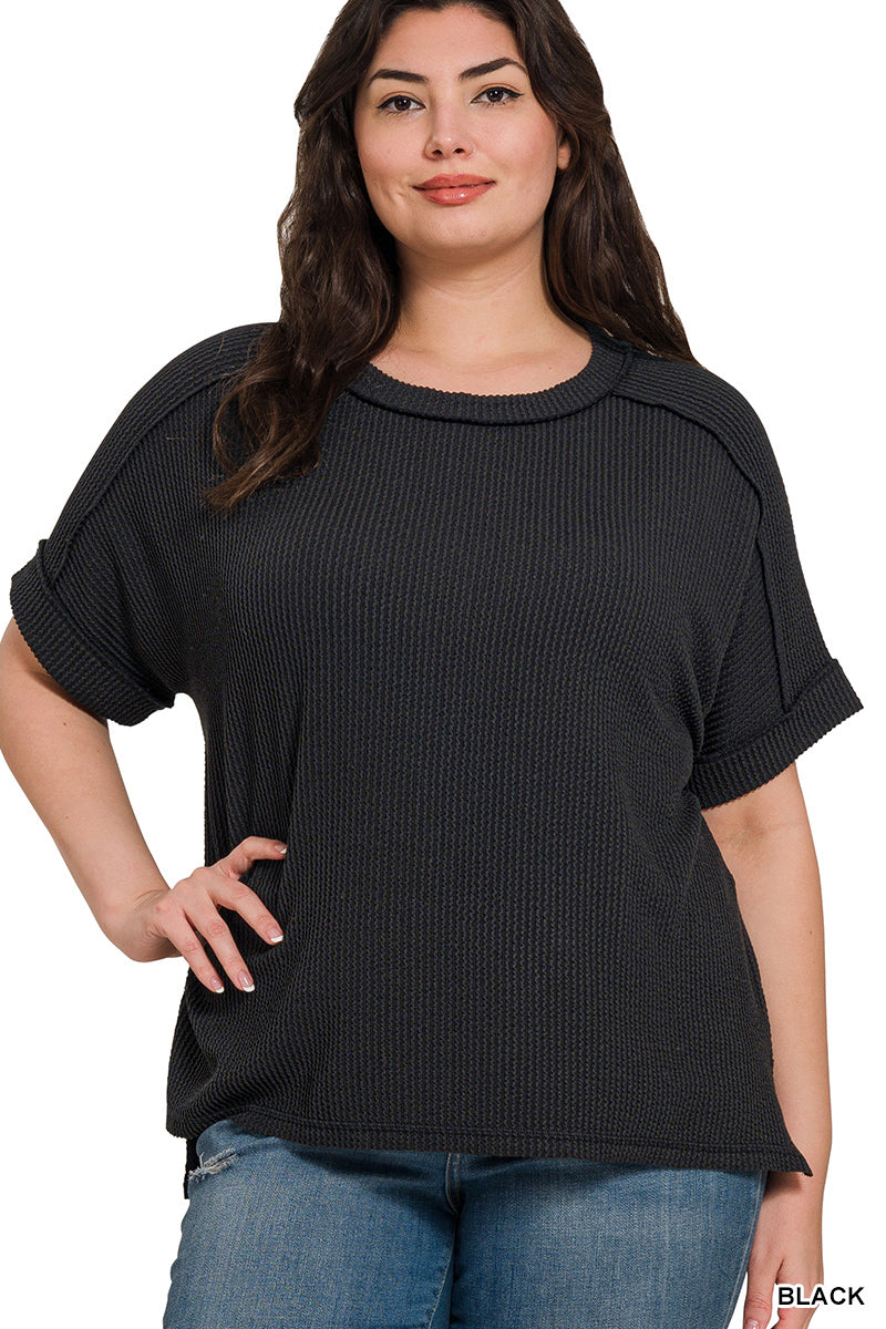 Zenana Plus Corded Rib Cuff Sleeve Raw Edge Top