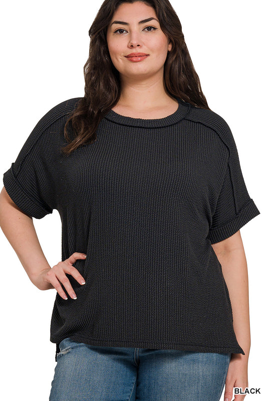 Zenana Plus Corded Rib Cuff Sleeve Raw Edge Top