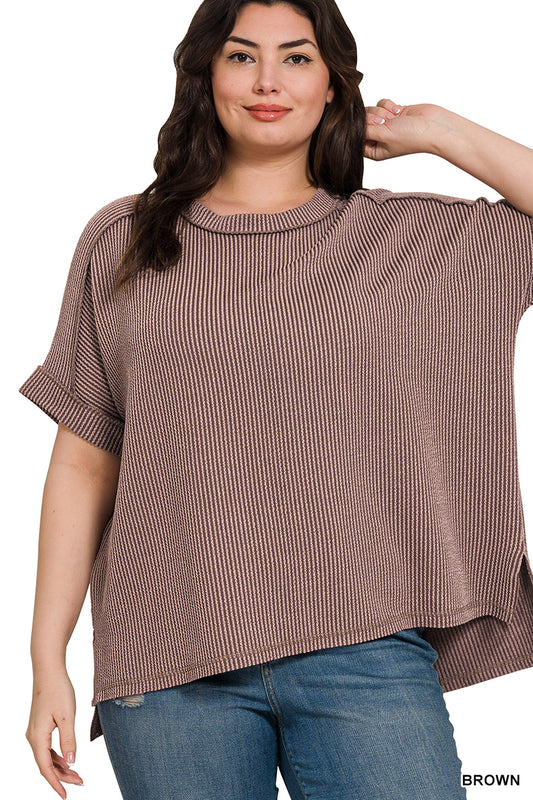 Zenana Plus Corded Rib Cuff Sleeve Raw Edge Top