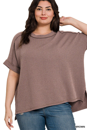 Zenana Plus Corded Rib Cuff Sleeve Raw Edge Top