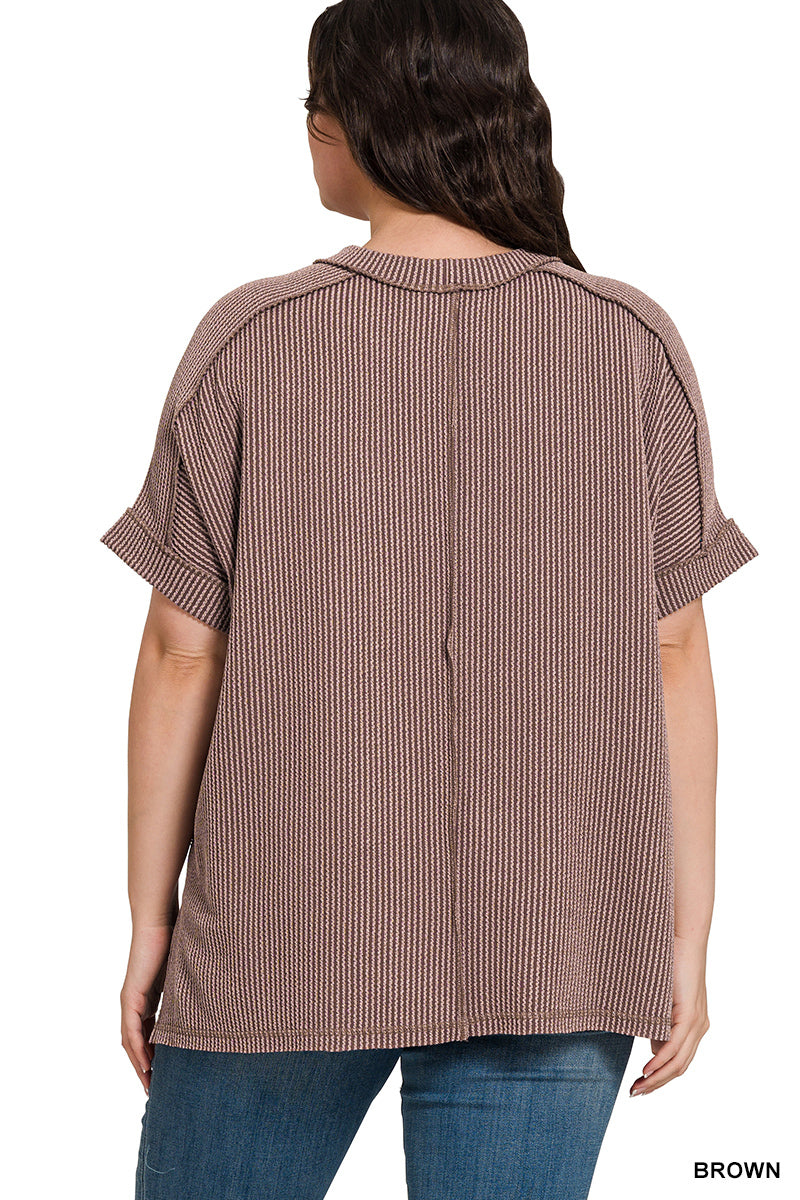 Zenana Plus Corded Rib Cuff Sleeve Raw Edge Top
