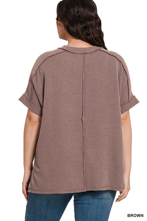 Zenana Plus Corded Rib Cuff Sleeve Raw Edge Top