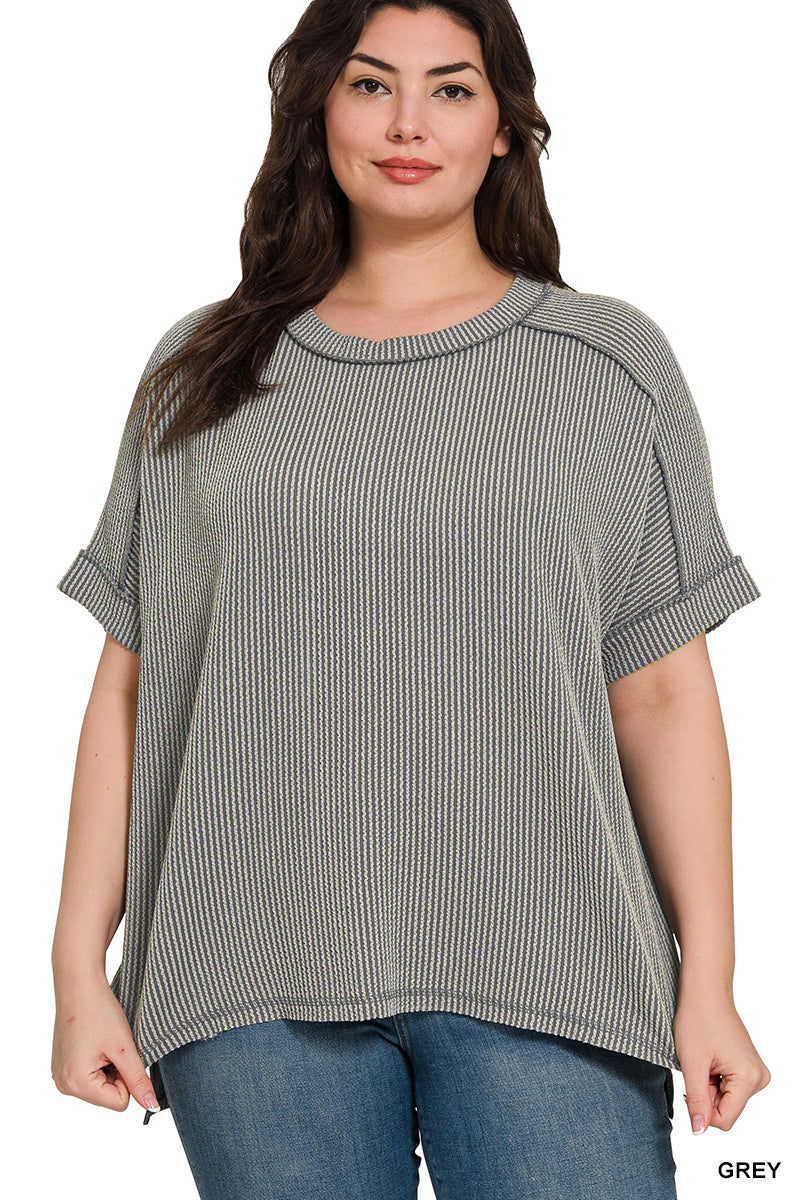 Plus Corded Rib Cuff Sleeve Raw Edge Top