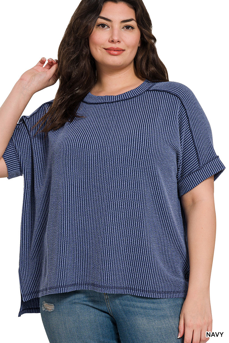Zenana Plus Corded Rib Cuff Sleeve Raw Edge Top