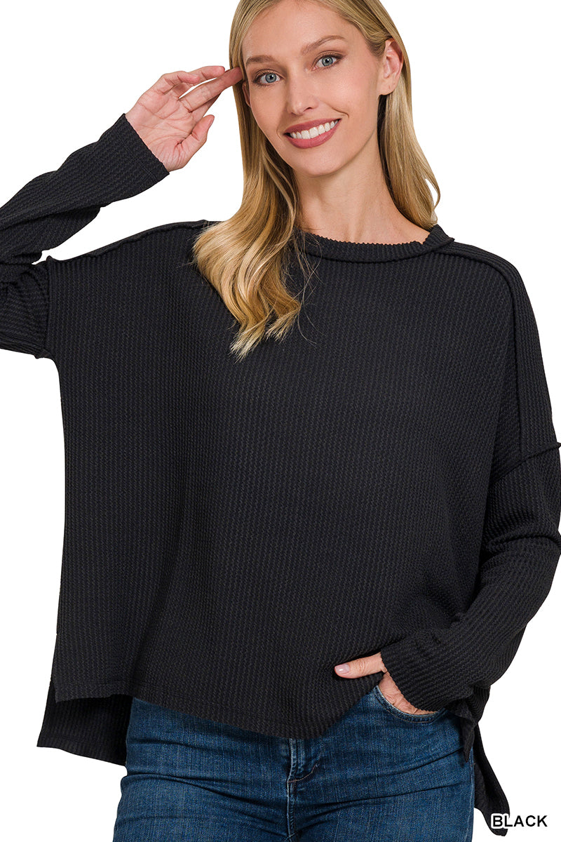Zenana Textured Line Raw Edge Boat Neck Long Sleeve Top